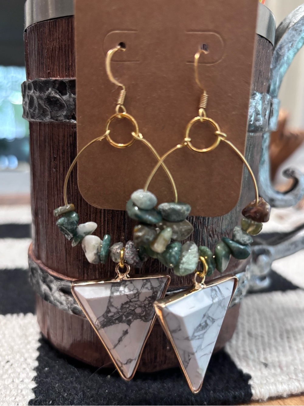 Gold tone Hoop Earrings w/ AfricanJasper Chips and White Howlite Triangle Drops